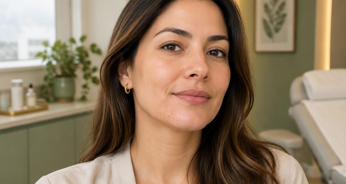 Mulher adulta com acne discreta no queixo em consultório dermatológico
