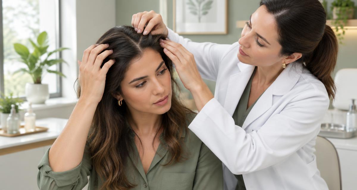 Dermatologista examinando o couro cabeludo de uma paciente adulta