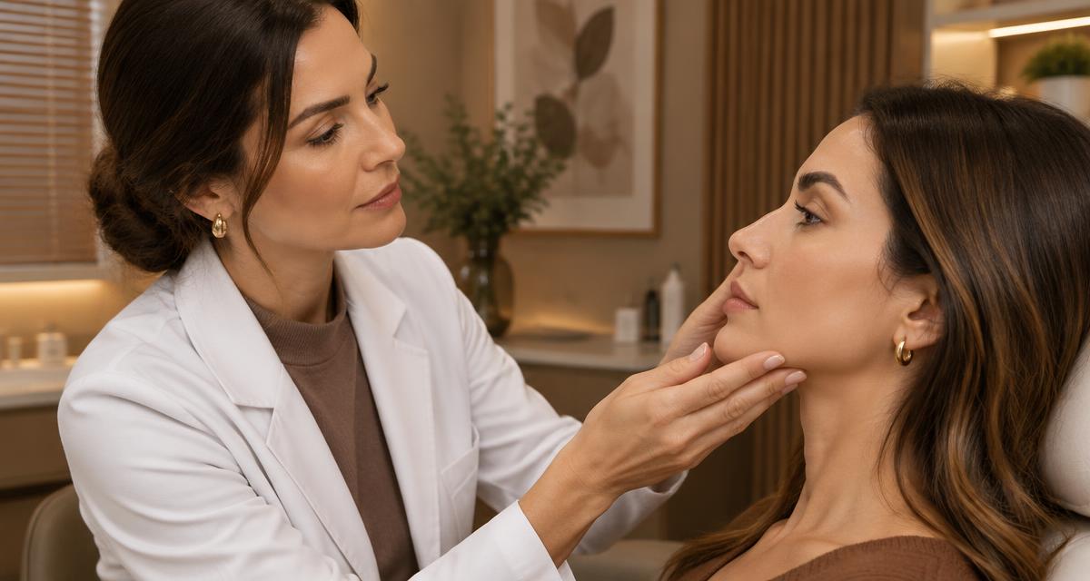 Dermatologista avaliando o rosto de uma paciente antes de um procedimento estético